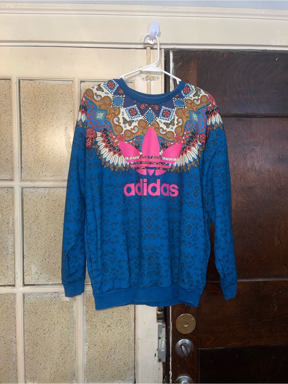 adidas Women's Blue Graphic Crewneck Sweatshirt with Pink Logo
